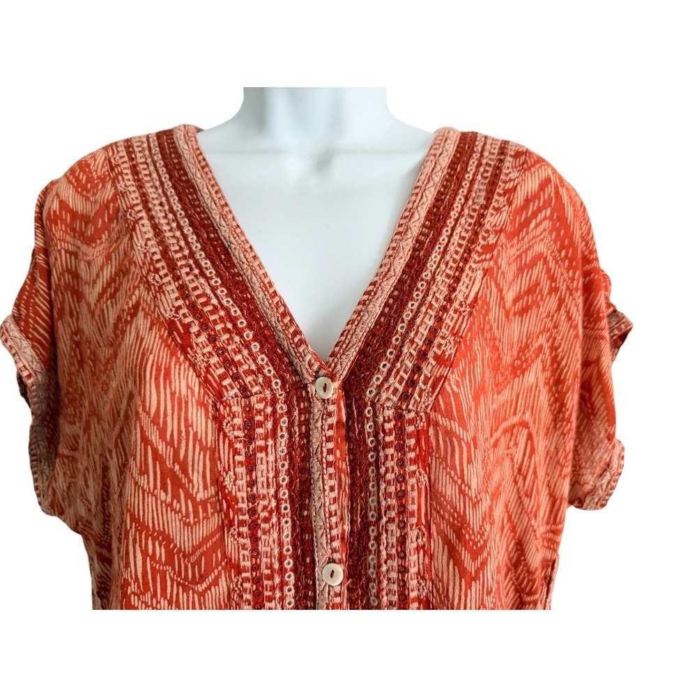 Garnet Hill Maxi Dress M Gauze Organic Cotton Orange Beach Cover Up Slit Buttons - Picture 4 of 10
